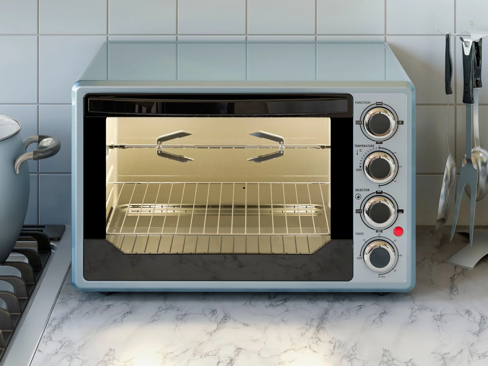 Countertop oven ready for inspection in a residential kitchen